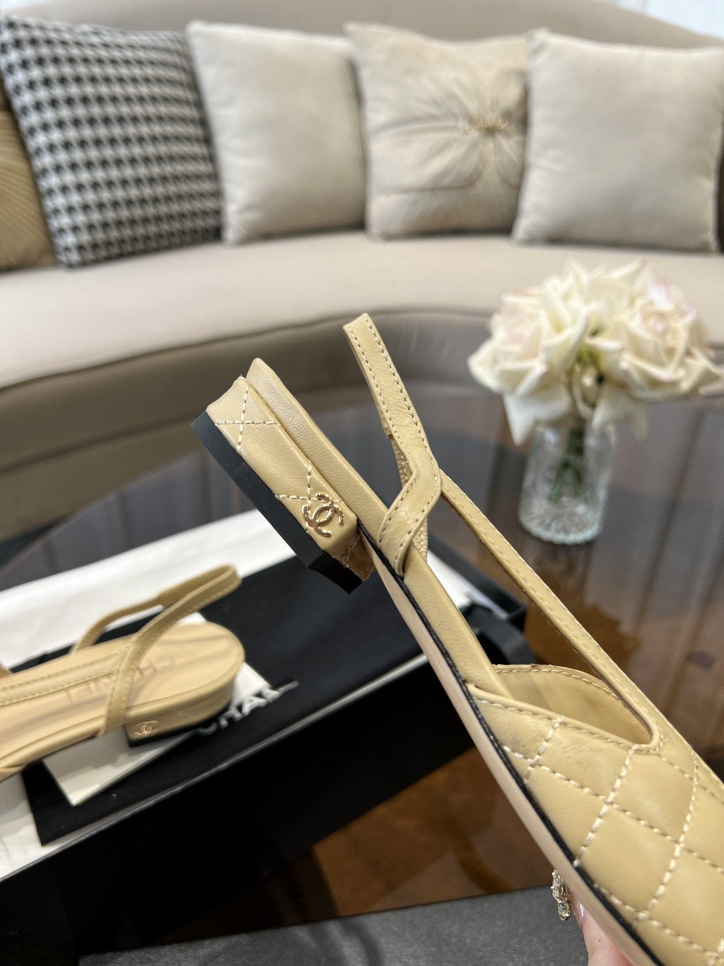 Chanel Slingbacks Beige Quilted Calfskin