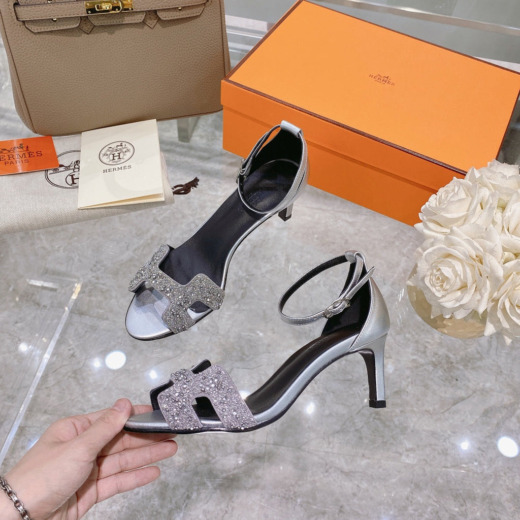 Hermes Premiere 70 Sandal in Silver Calfskin with White Crystals