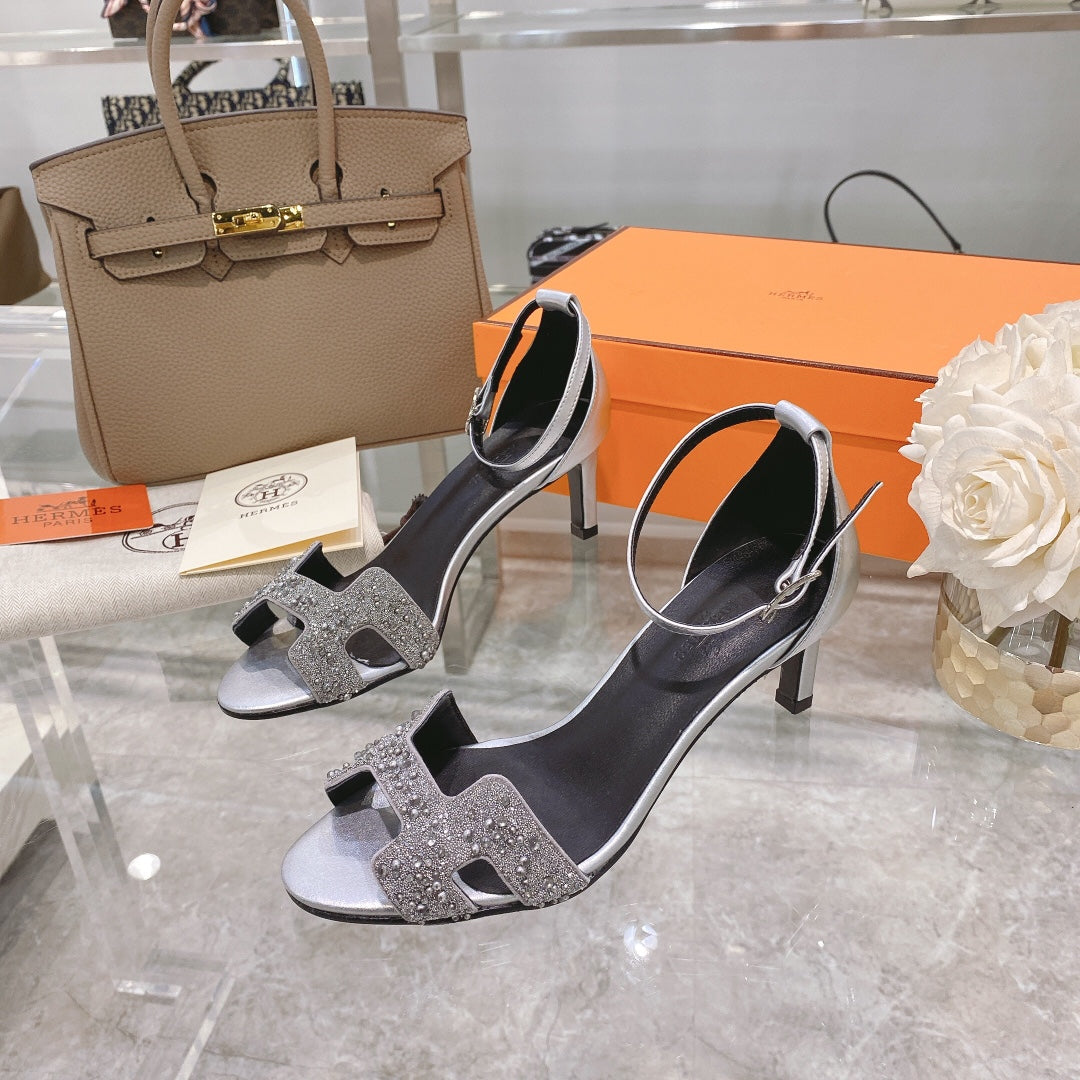 Hermes Premiere 70 Sandal in Silver Calfskin with White Crystals