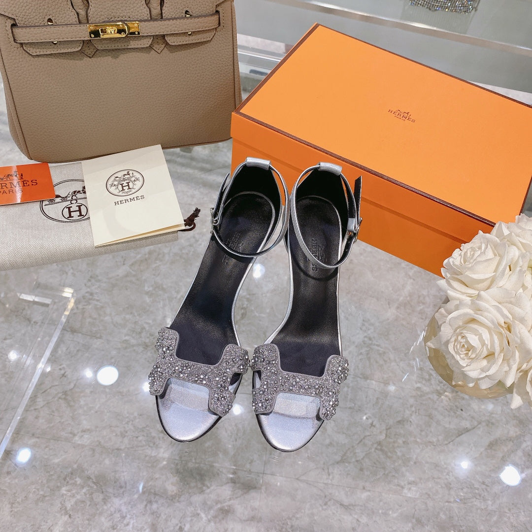 Hermes Premiere 70 Sandal in Silver Calfskin with White Crystals