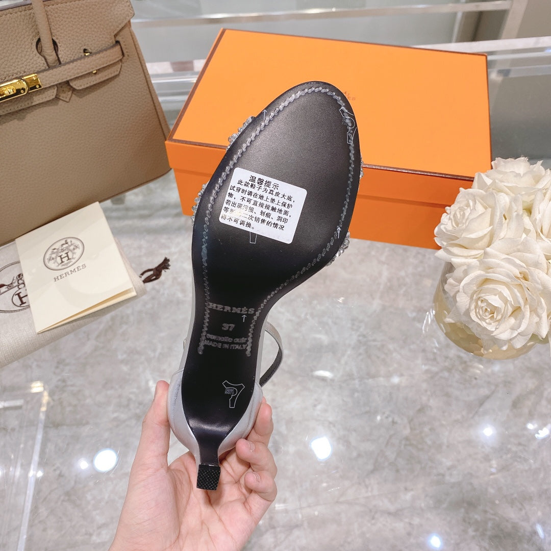 Hermes Premiere 70 Sandal in Silver Calfskin with White Crystals