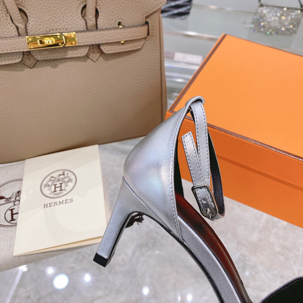Hermes Premiere 70 Sandal in Silver Calfskin with White Crystals