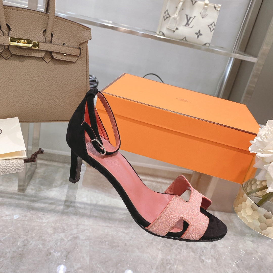 Hermes Premiere 70 Sandal in Rose Pink Mix Black Suede