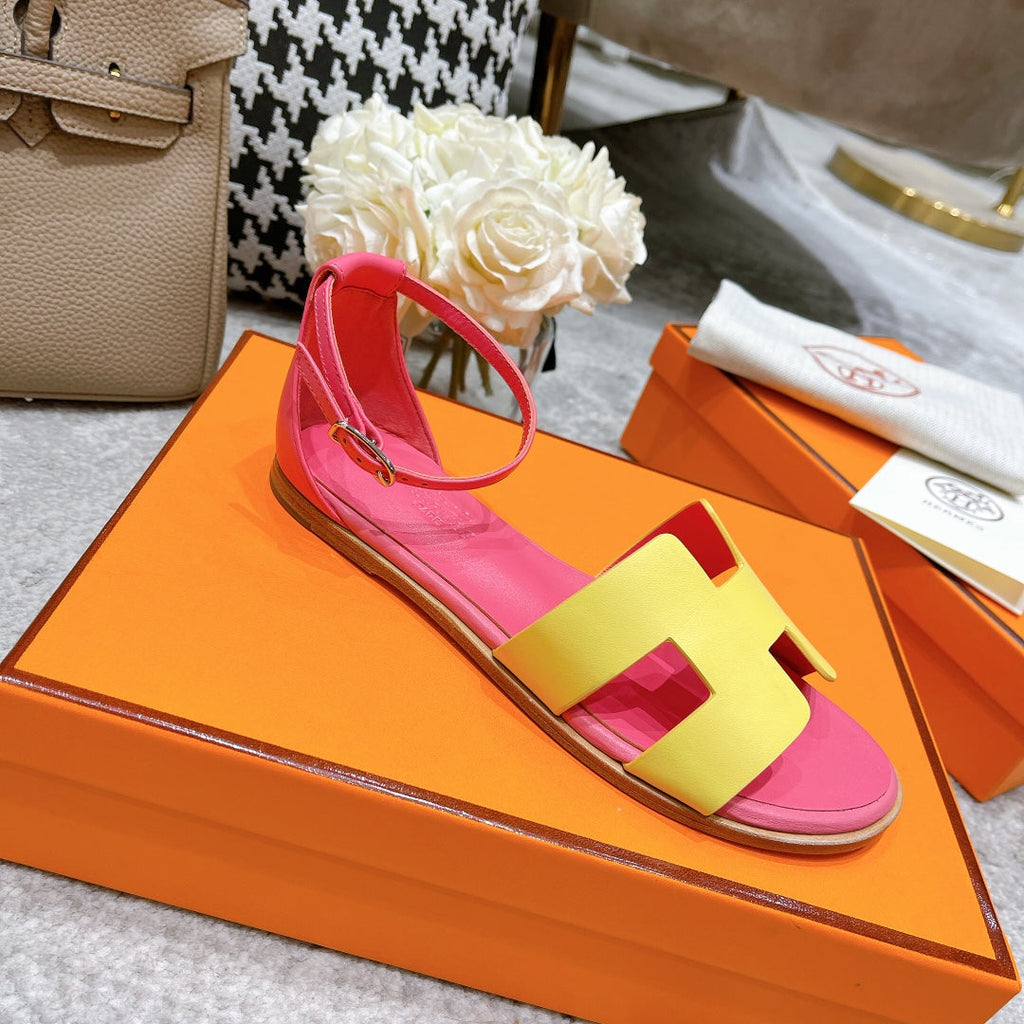 Hermes Santorini Sandal Pink Mix Lemon Calfskin