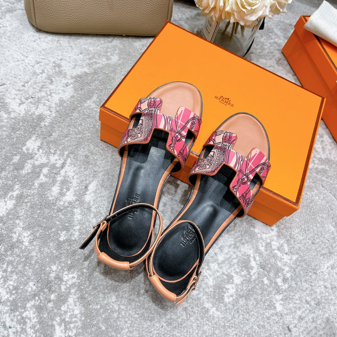 Hermes Santorini Sandal Black Mix Light Pink Calfskin with Pattern