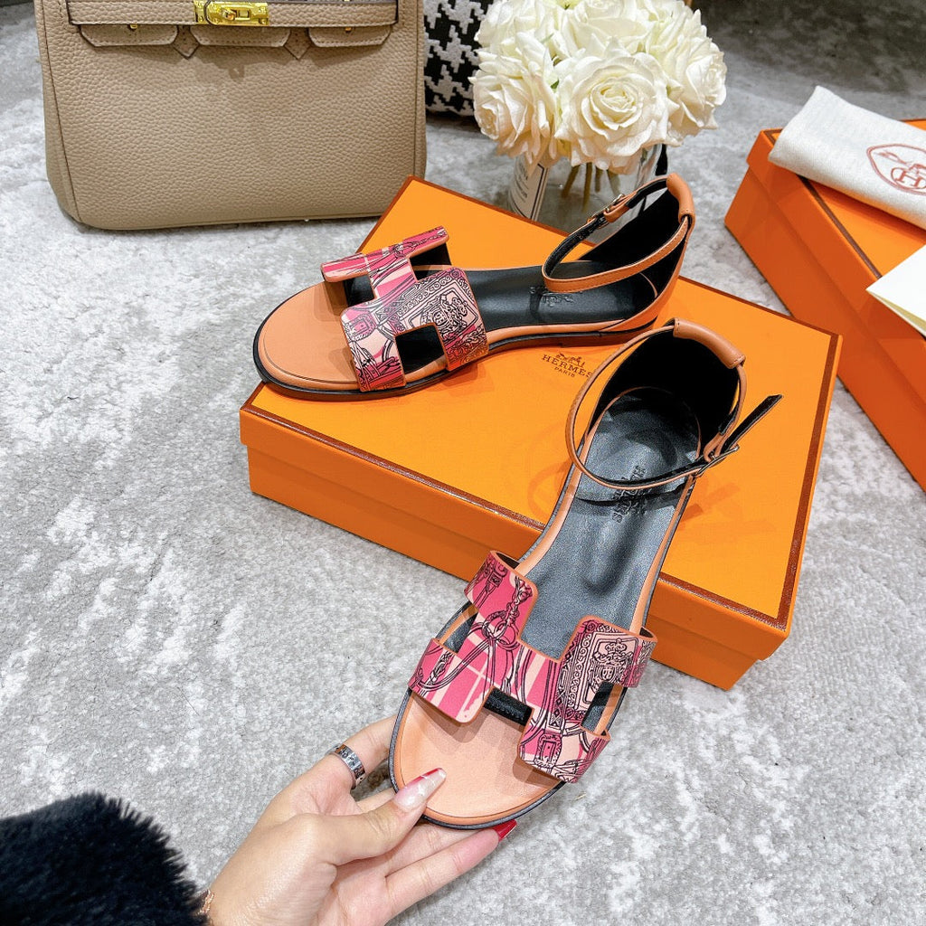 Hermes Santorini Sandal Black Mix Light Pink Calfskin with Pattern