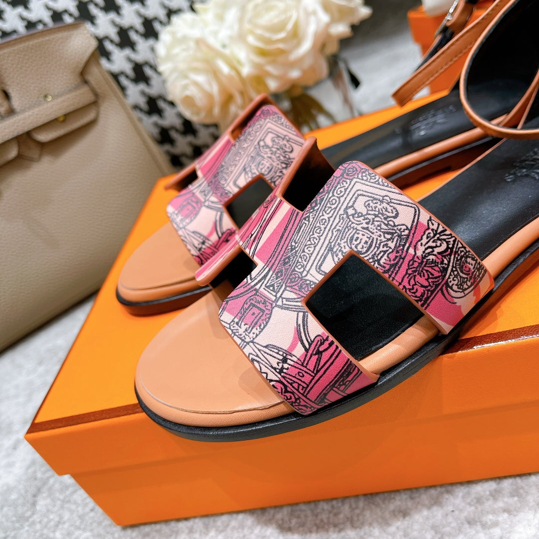 Hermes Santorini Sandal Black Mix Light Pink Calfskin with Pattern