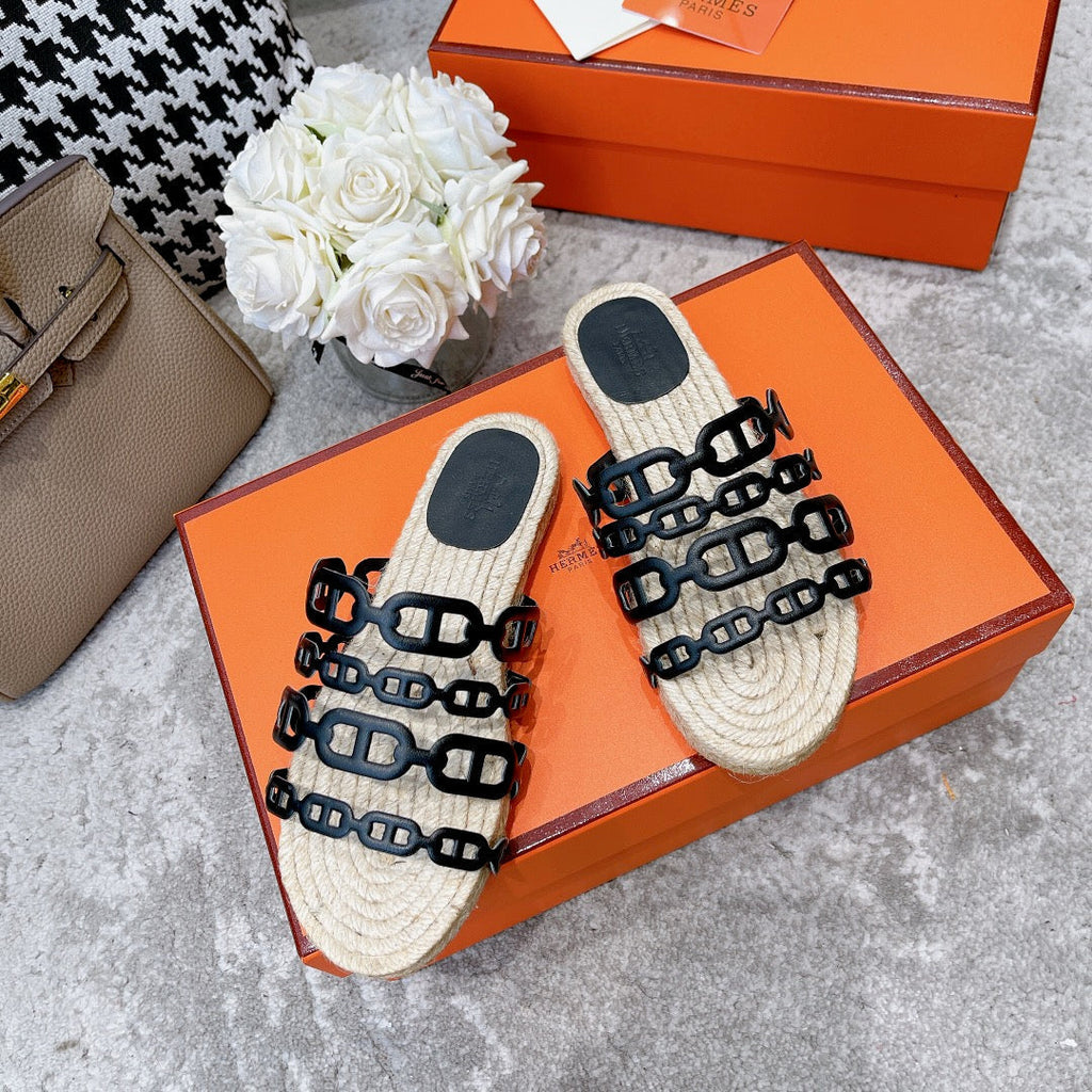 Hermes Straw Sole Slippers Black Lambskin