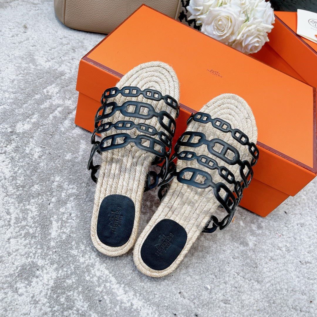 Hermes Straw Sole Slippers Black Lambskin