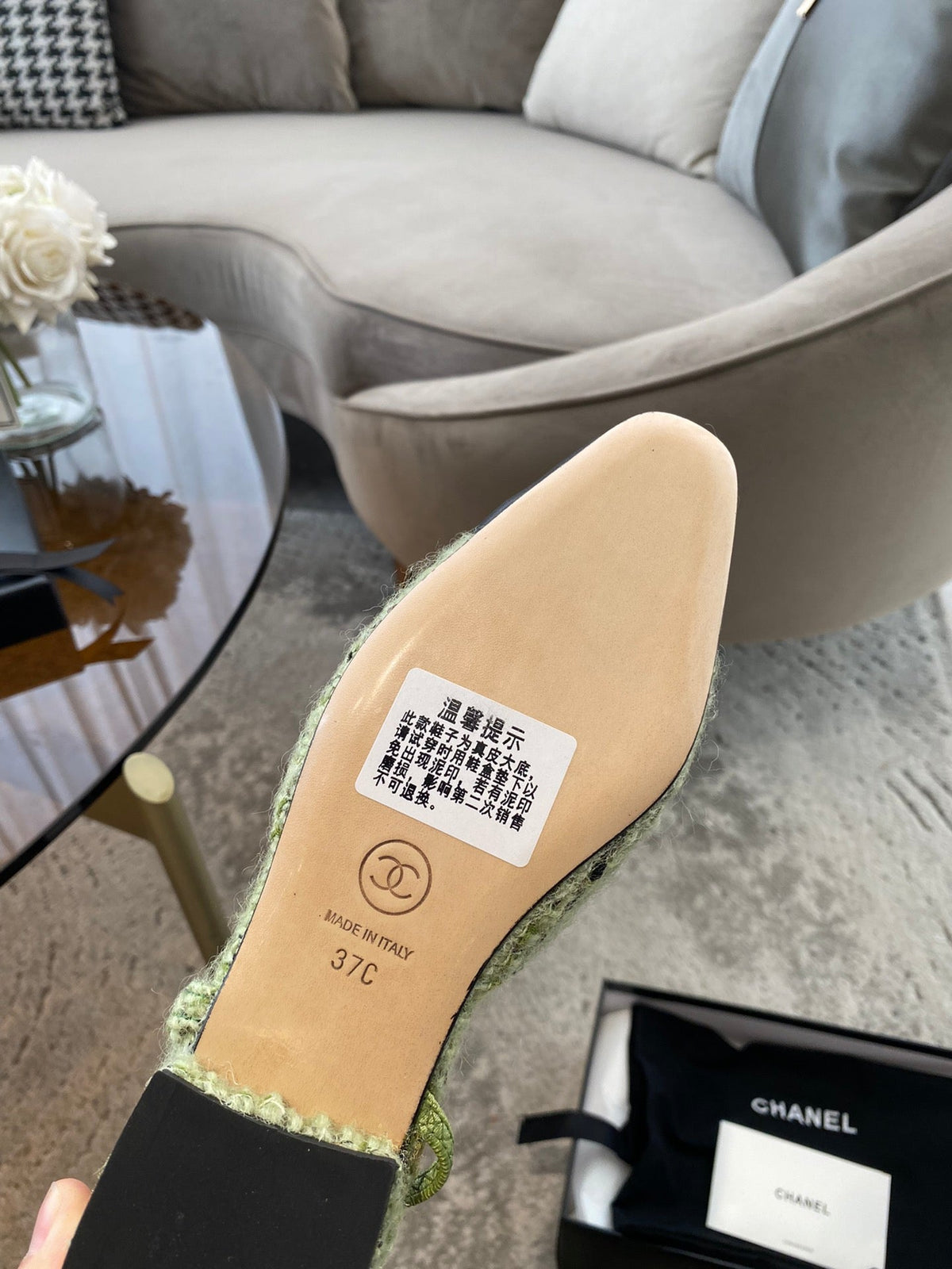 Chanel Slingbacks in Light Green Fabric and Black Calfskin