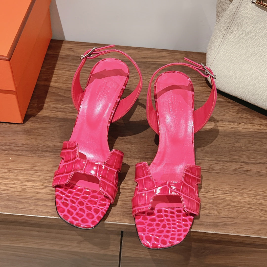 Hermes Slingback Eternite 75 Pink Lambskin and Crocodile Leather