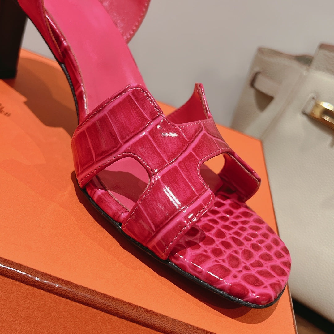 Hermes Slingback Eternite 75 Pink Lambskin and Crocodile Leather