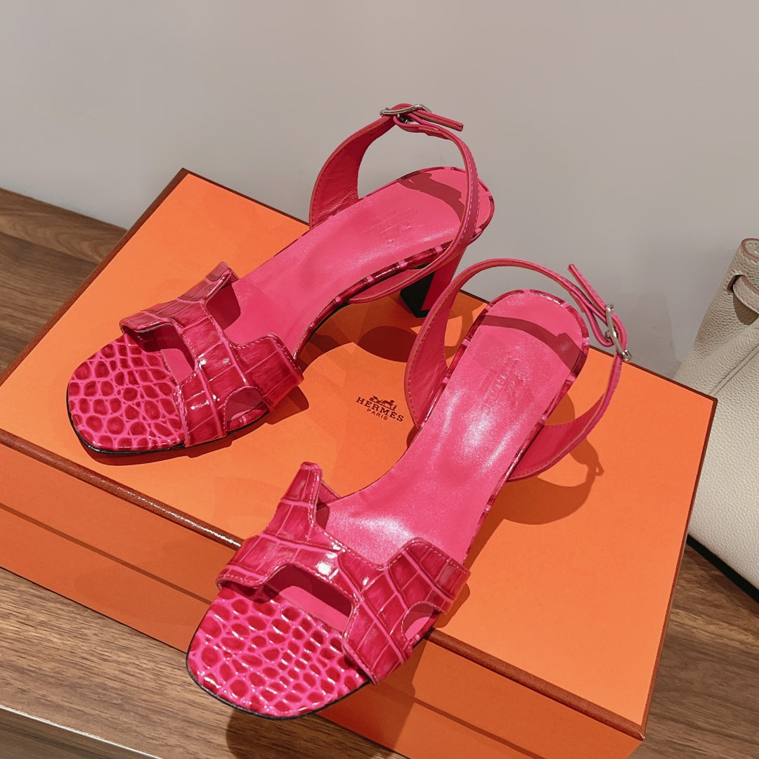 Hermes Slingback Eternite 75 Pink Lambskin and Crocodile Leather