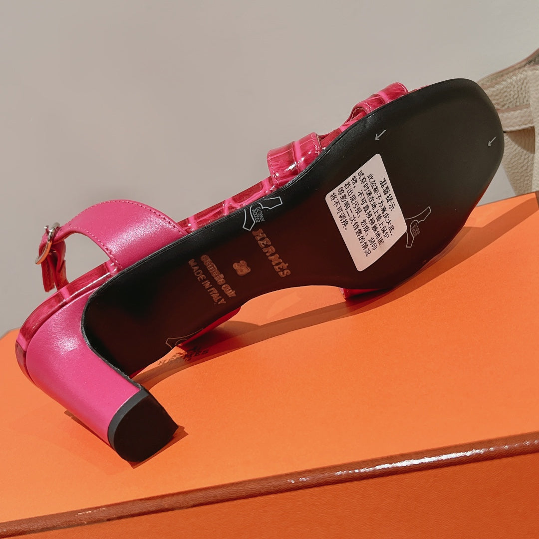 Hermes Slingback Eternite 75 Pink Lambskin and Crocodile Leather