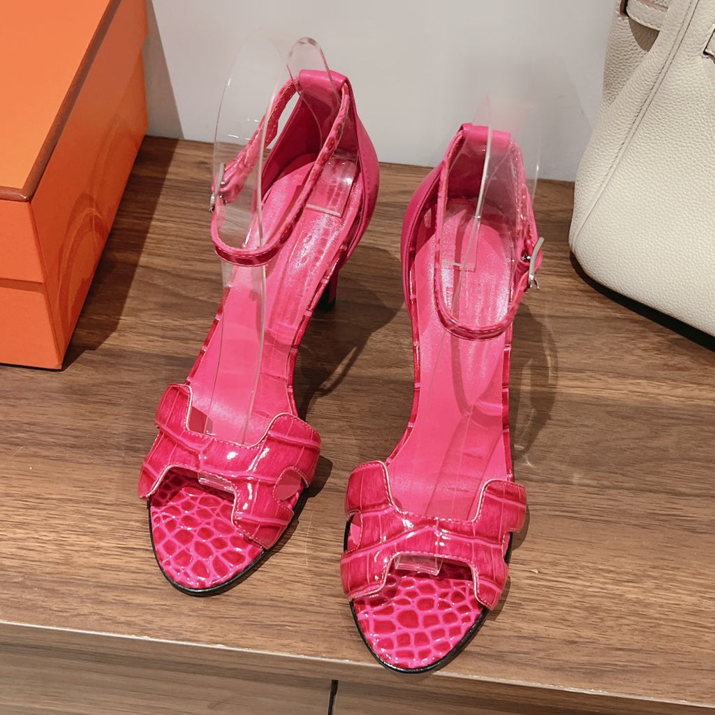 Hermes Premiere 105 Sandal in Watermelon Pink Crocodile Leather