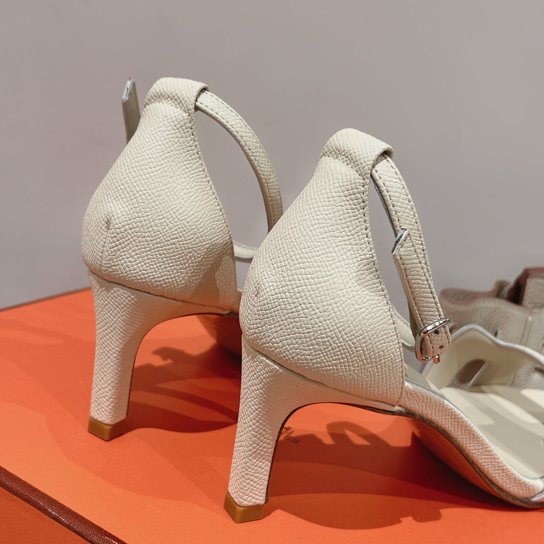 Hermes Premiere 70 Sandal in White Cream Grained Calfskin