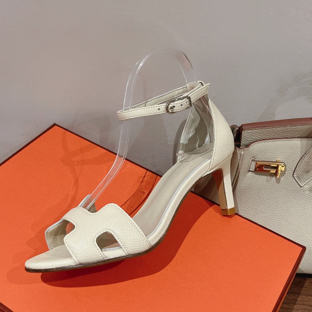 Hermes Premiere 70 Sandal in White Cream Grained Calfskin