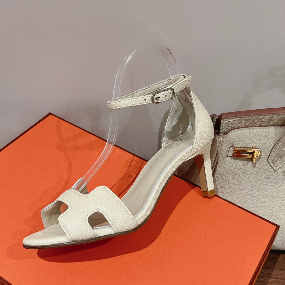 Hermes Premiere 70 Sandal in White Cream Grained Calfskin