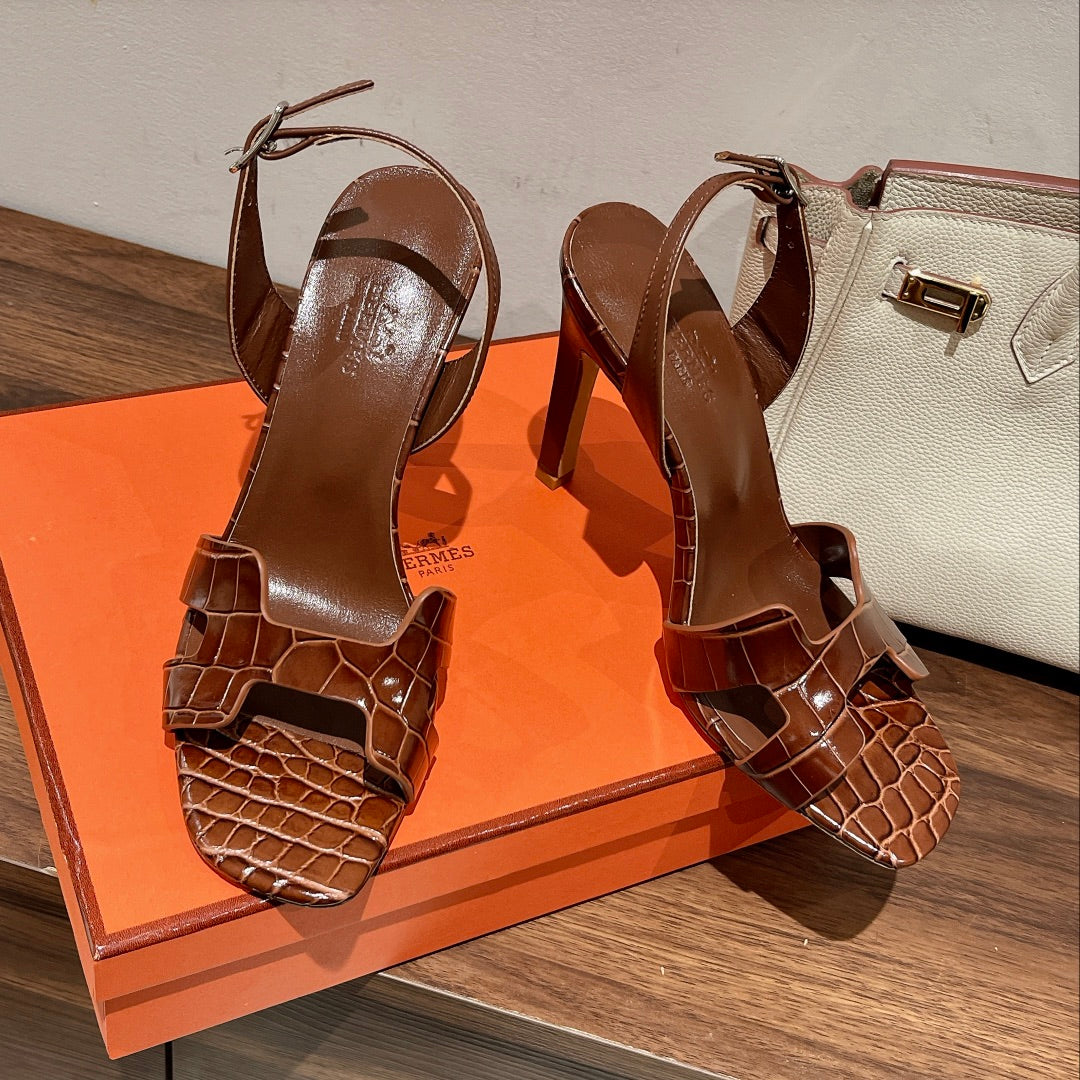 Hermes Slingback Eternite 105 Brown Lambskin and Crocodile Leather