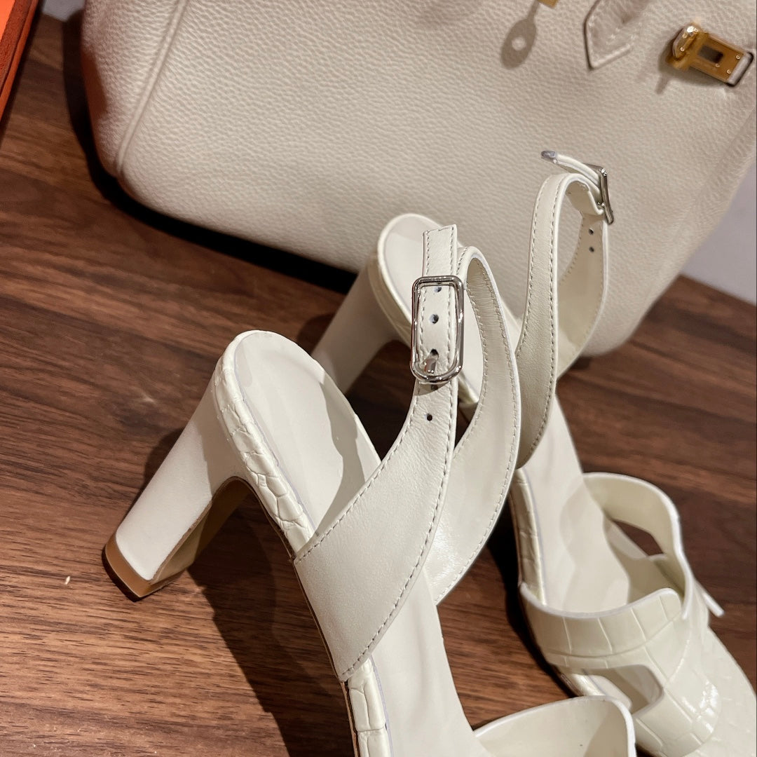 Hermes Slingback Eternite 75 White Lambskin and Crocodile Leather