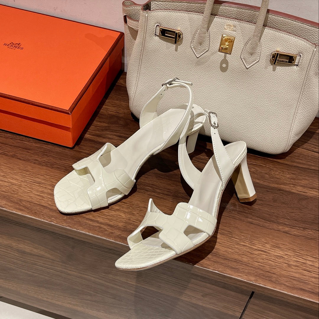 Hermes Slingback Eternite 75 White Lambskin and Crocodile Leather