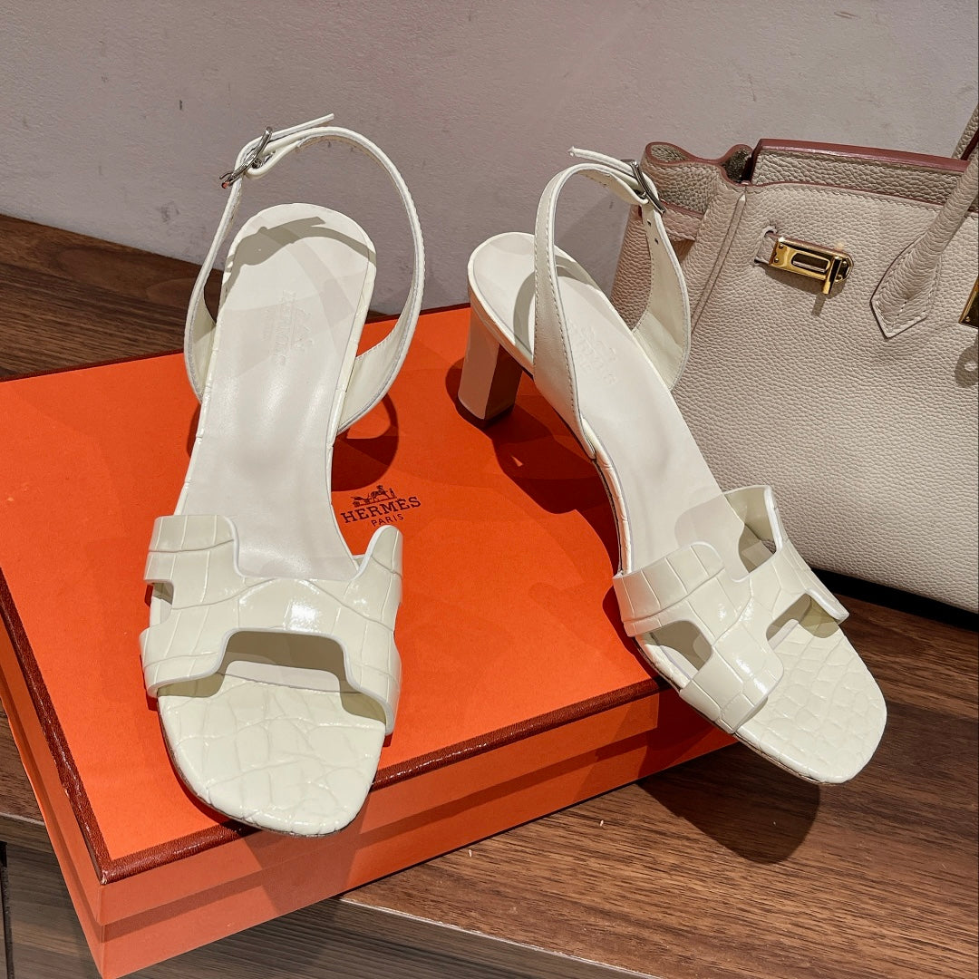 Hermes Slingback Eternite 75 White Lambskin and Crocodile Leather