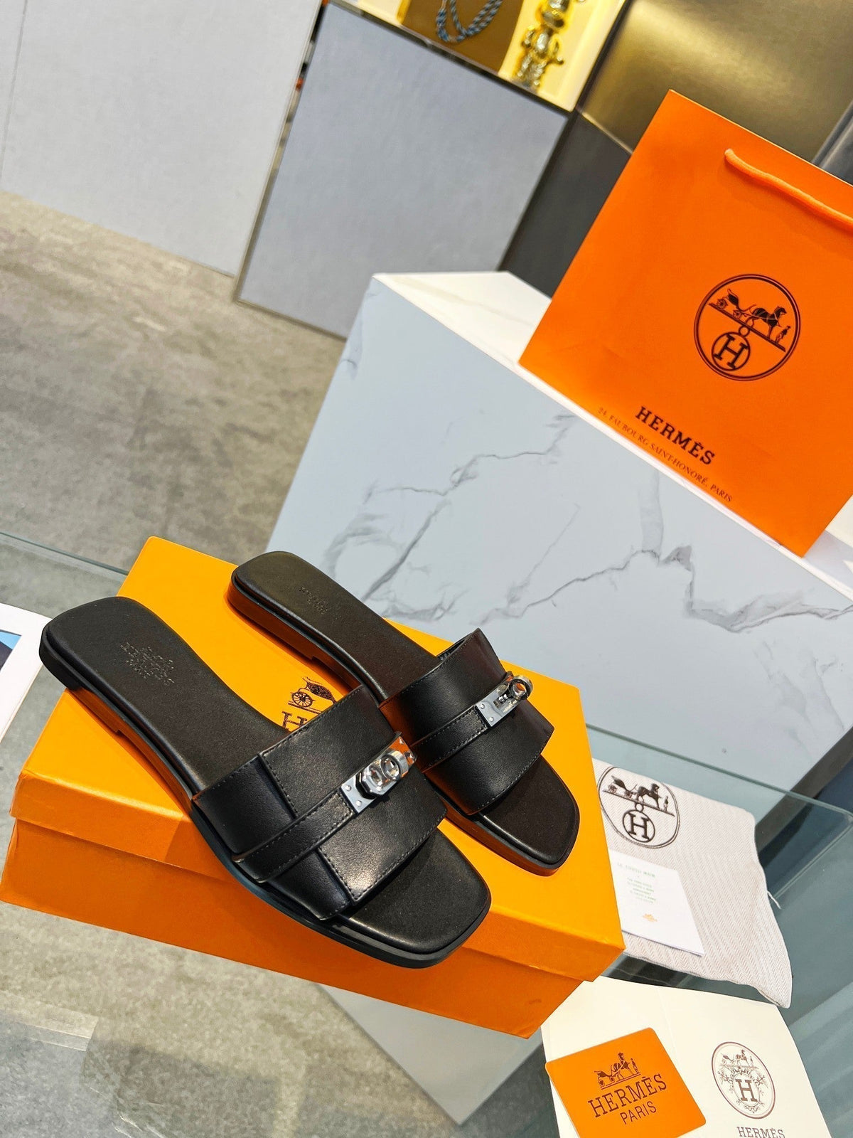 Hermes Giulia Sandal Black Calfskin