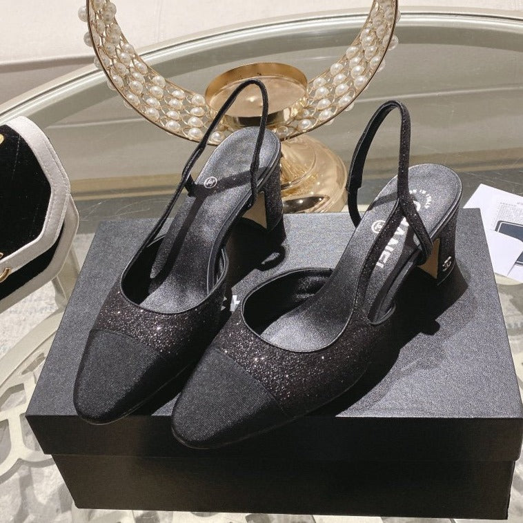 Chanel Slingback 6.5 Glitter Black Grosgrain