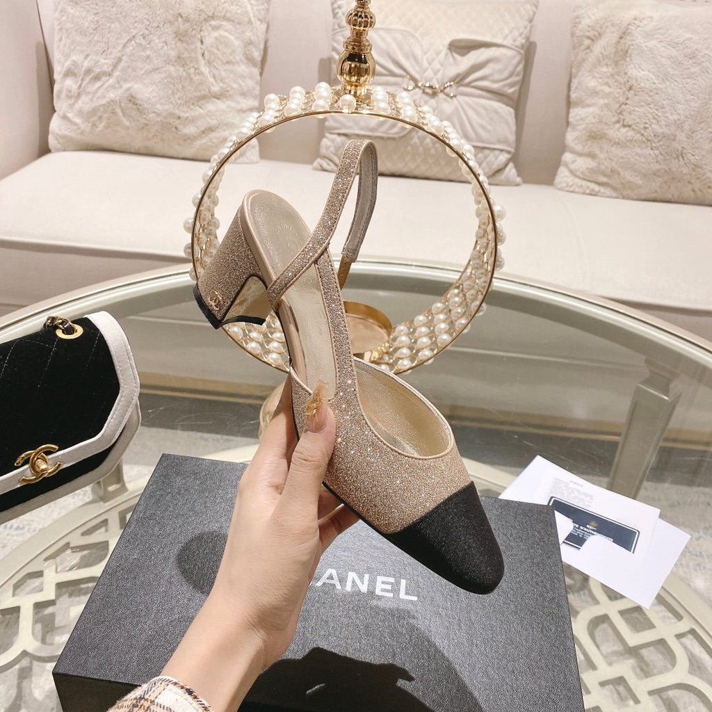 Chanel Slingback 6.5 Glitter Beige Black Grosgrain