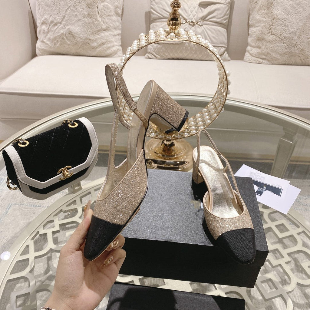 Chanel Slingback 6.5 Glitter Beige Black Grosgrain