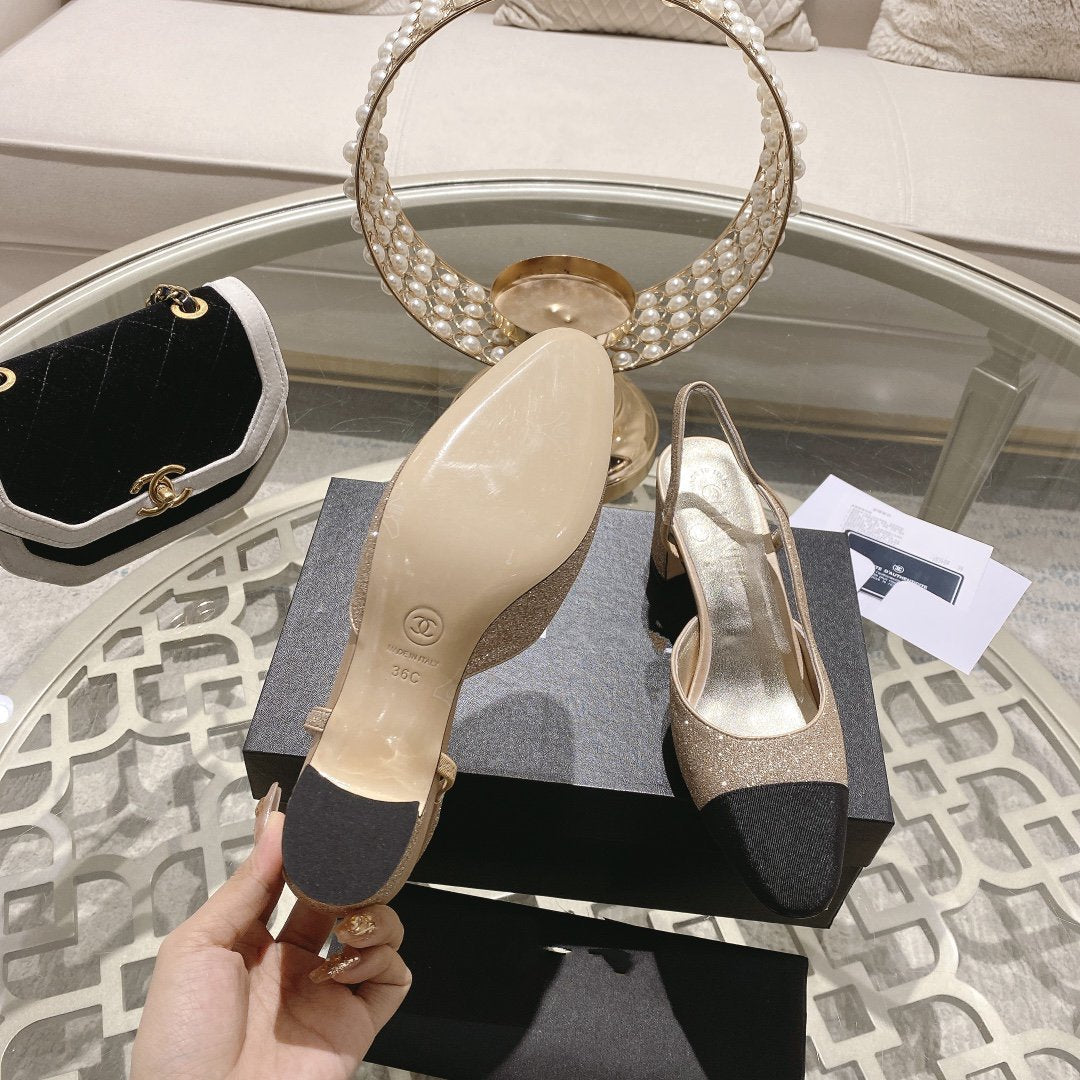 Chanel Slingback 6.5 Glitter Beige Black Grosgrain