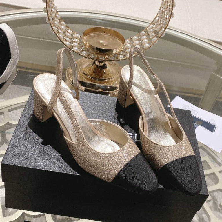 Chanel Slingback 6.5 Glitter Beige Black Grosgrain