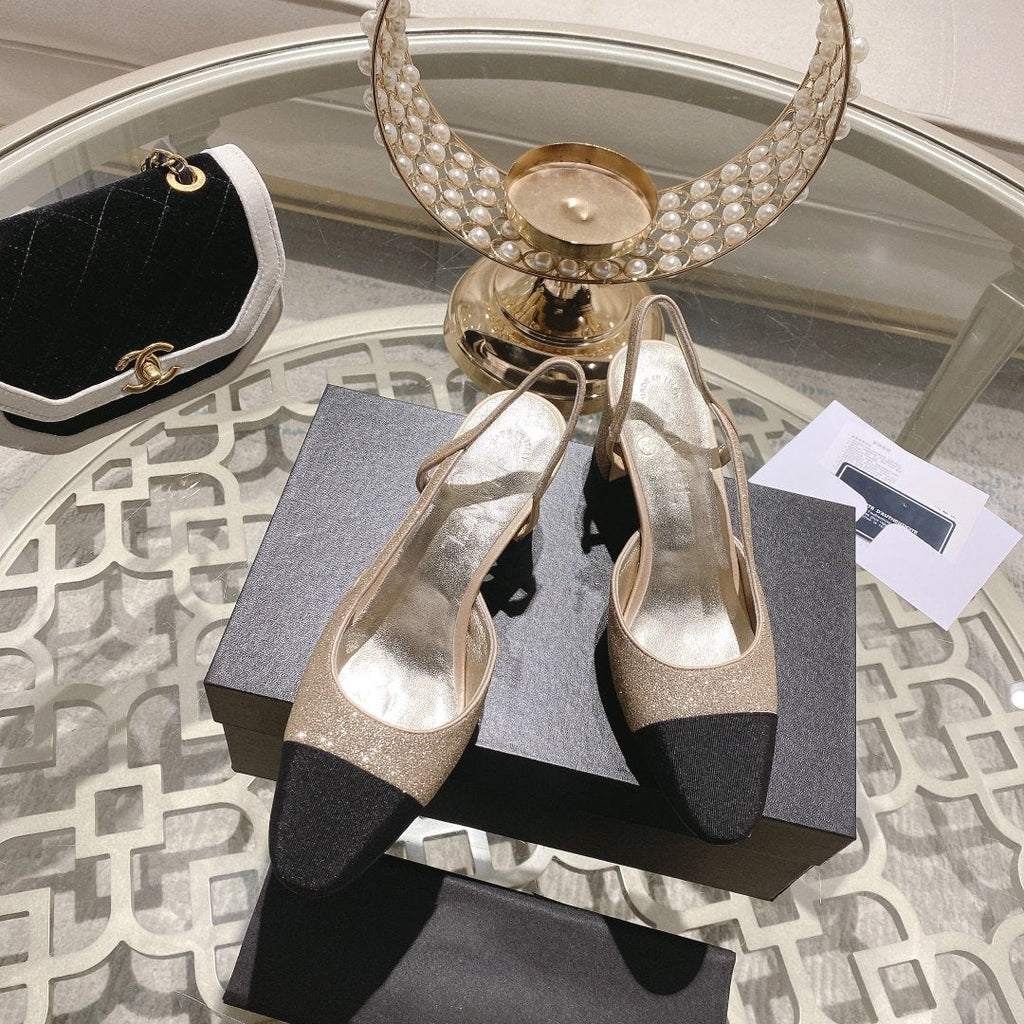 Chanel Slingback 6.5 Glitter Beige Black Grosgrain