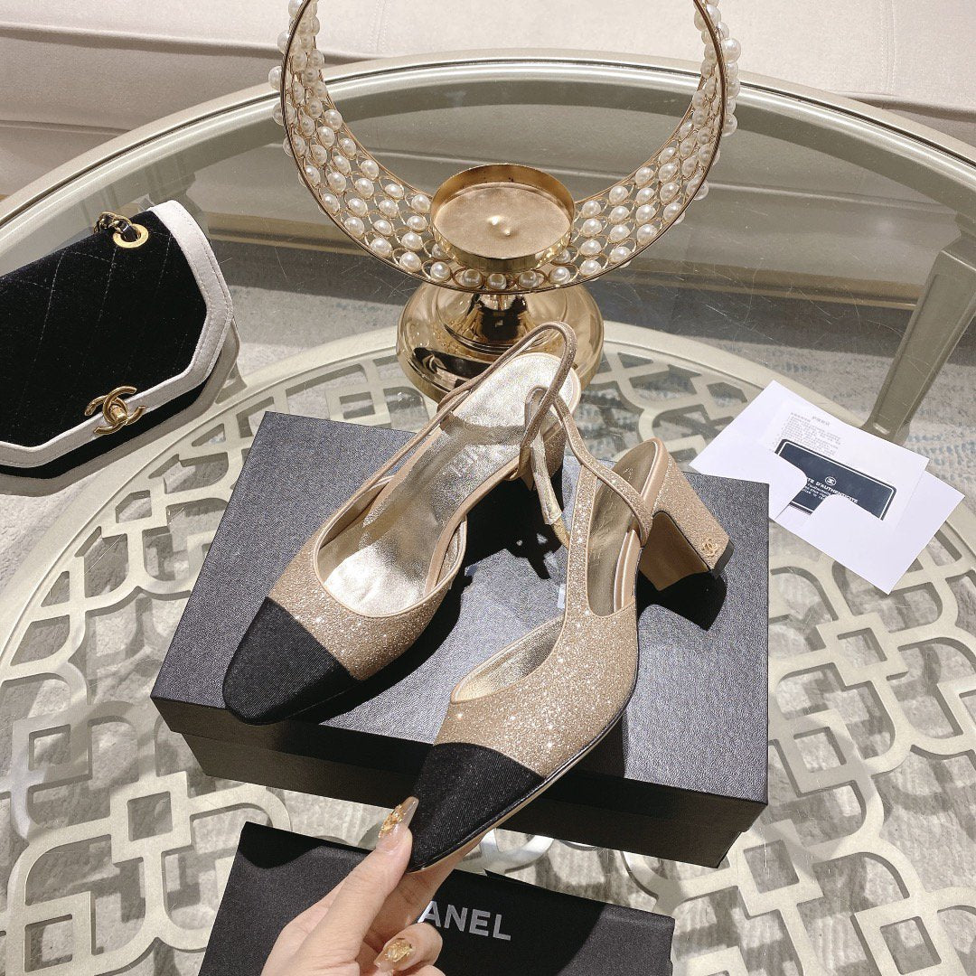 Chanel Slingback 6.5 Glitter Beige Black Grosgrain