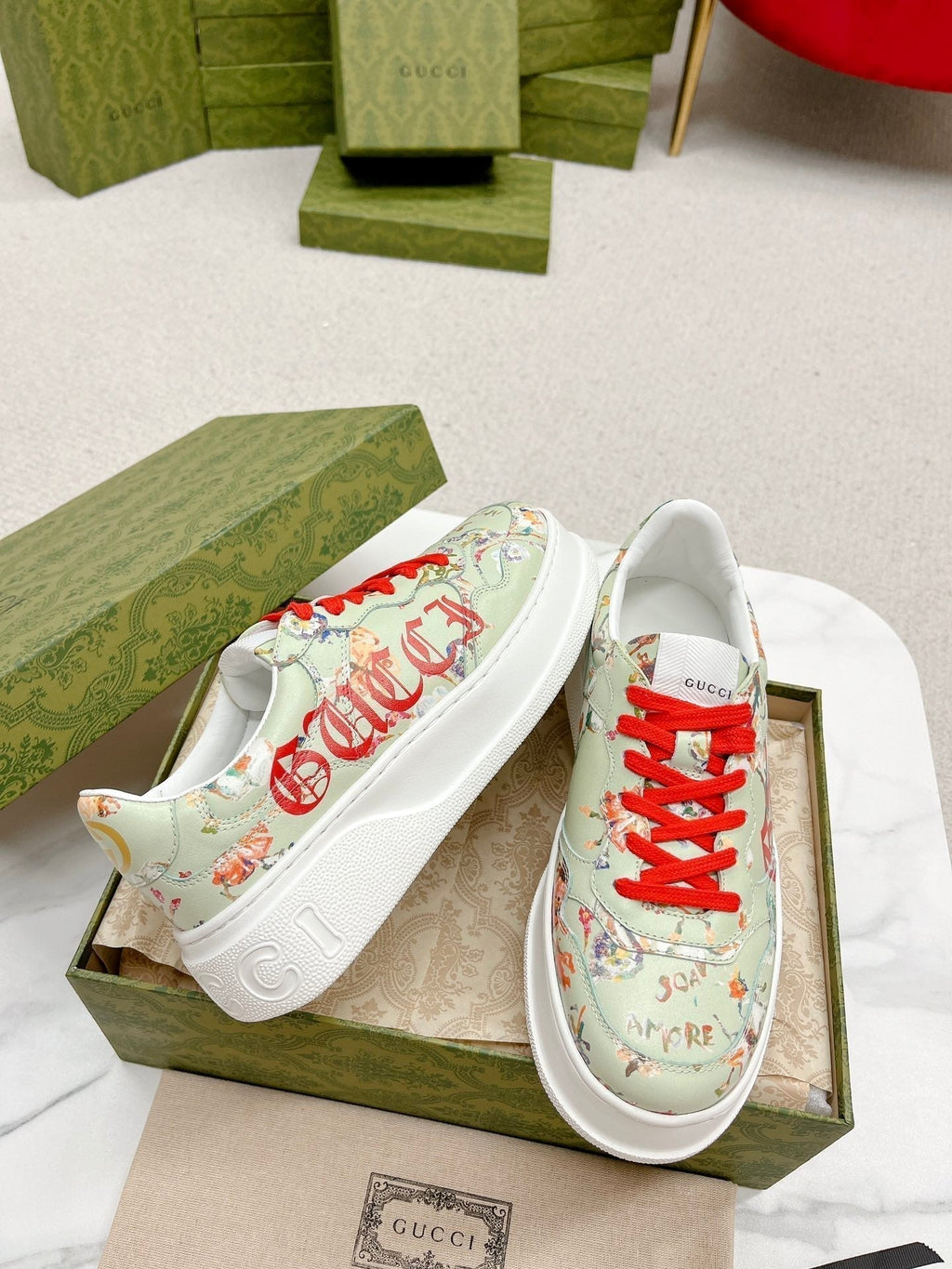 Gucci Trainer Sage Calfskin with Flowers Pattern