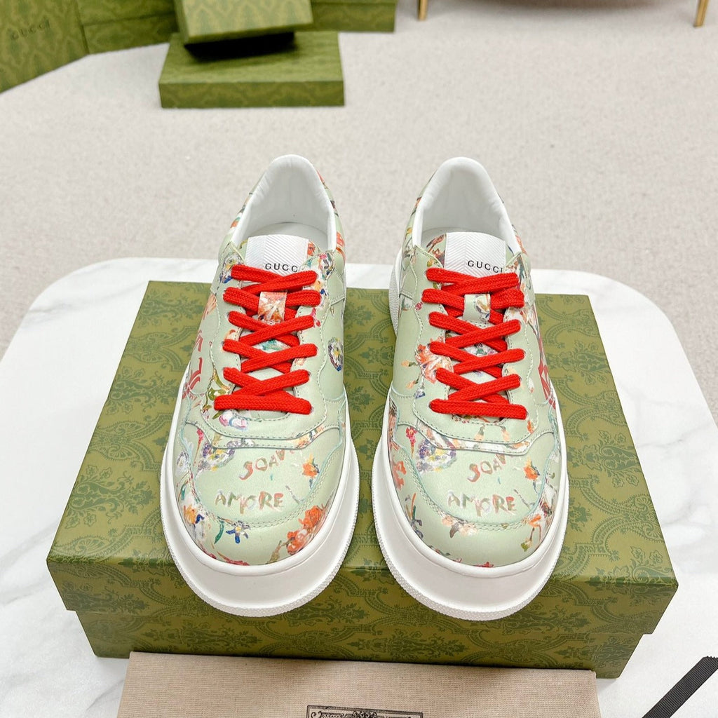 Gucci Trainer Sage Calfskin with Flowers Pattern