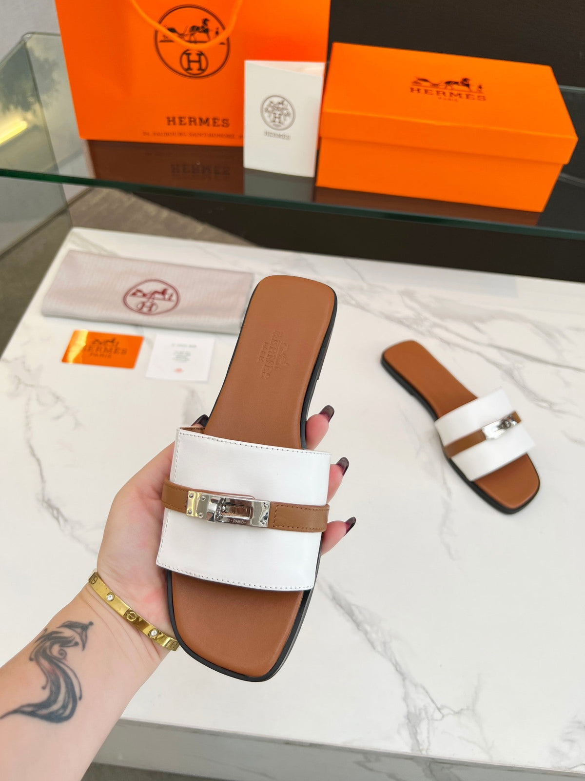 Hermes Giulia Sandal White Tan Calfskin