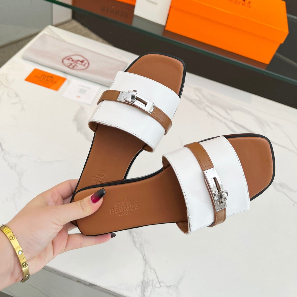 Hermes Giulia Sandal White Tan Calfskin