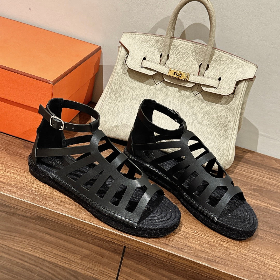 Hermes Straw Sole Sandal Black Lambskin