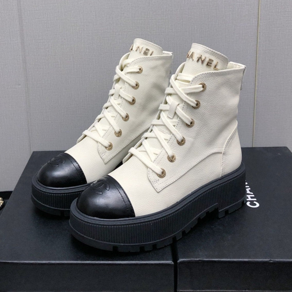 Chanel Martin Short Boots White Mix Black Lambskin