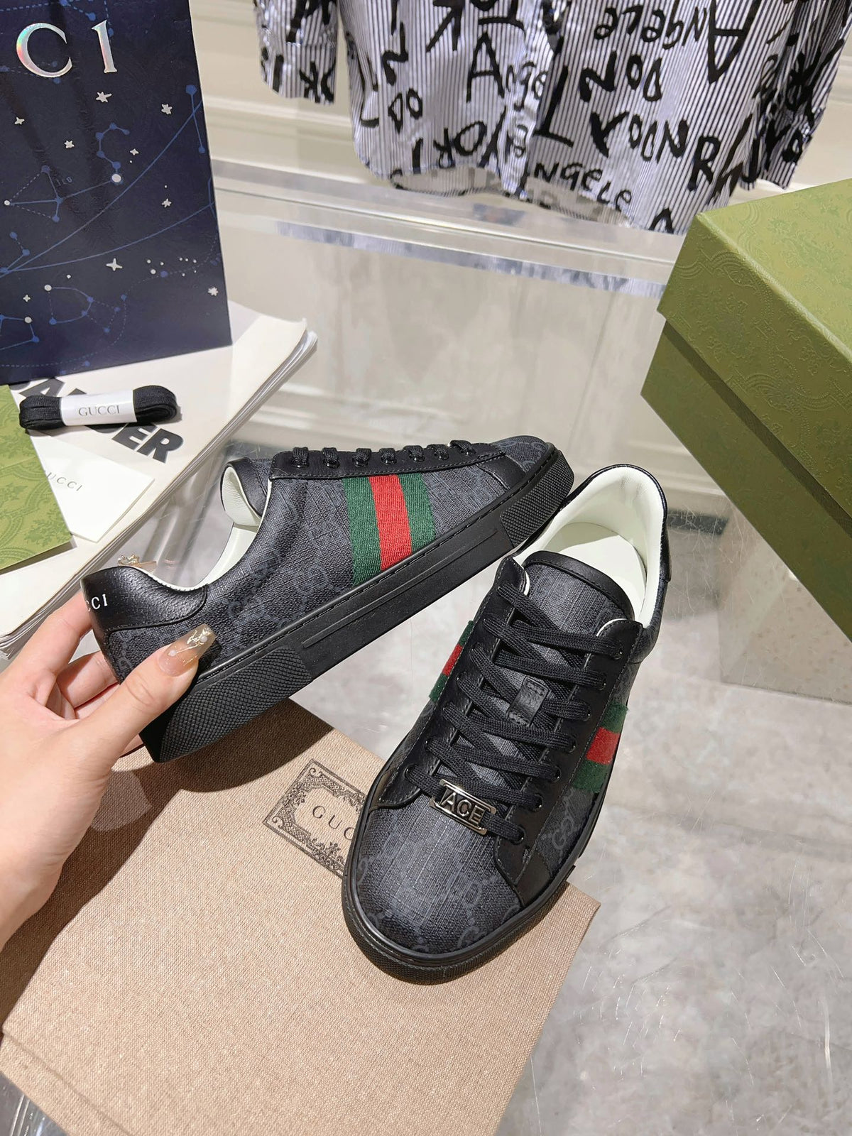 Gucci Ace Supreme Trainer Black Calfskin with Patterns