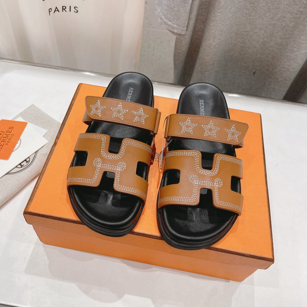 Hermes Star-Patterned Sandal Black and Caramel Calfskin