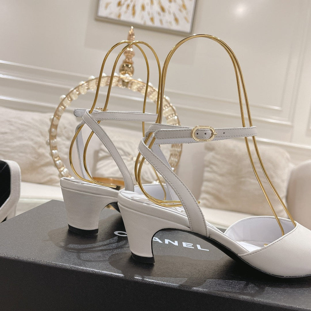 Chanel High Slingbacks White Black Lambskin Grosgrain