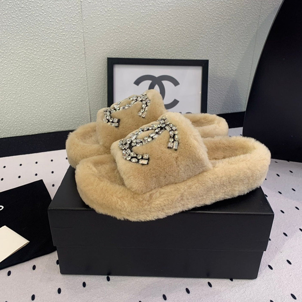 Chanel Thick-Soled Slippers in Beige Cream Sheep Wool