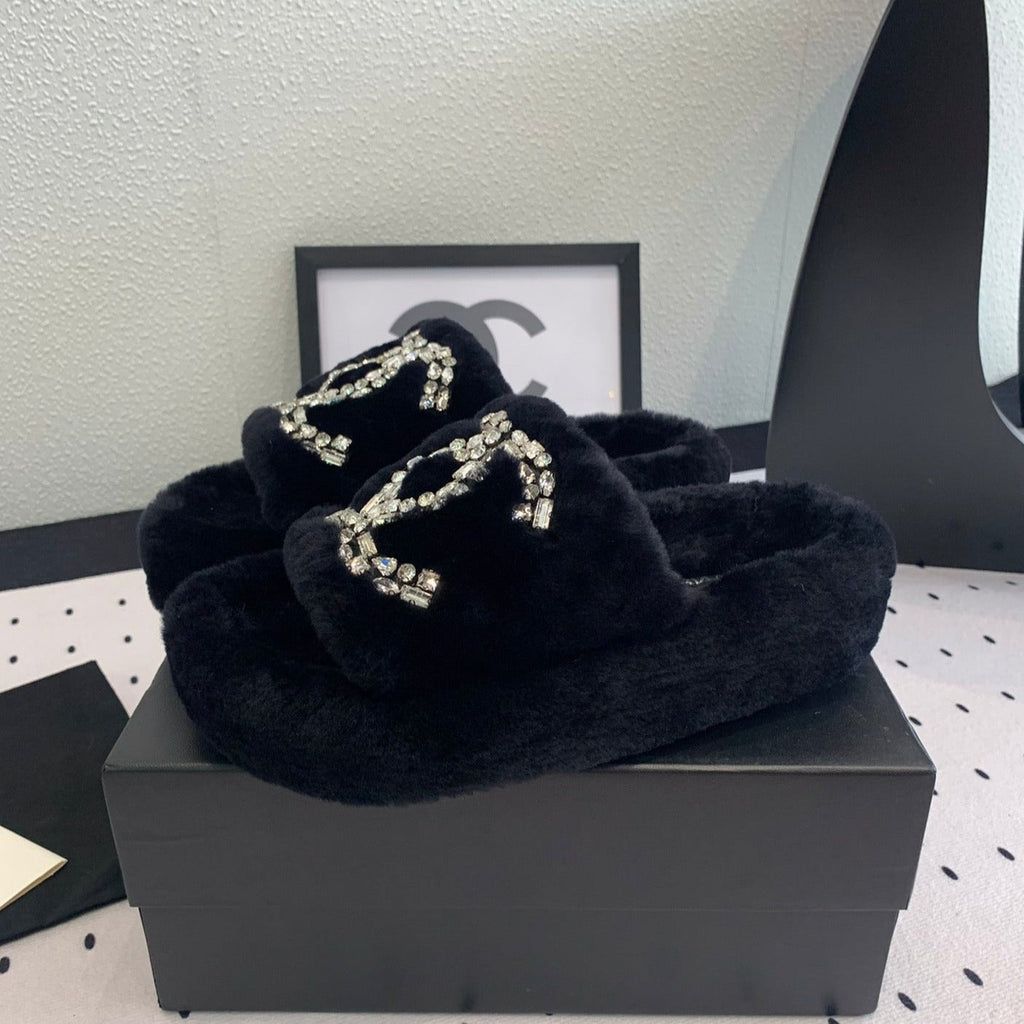 Chanel Thick-Soled Slippers in Black Sheep Wool