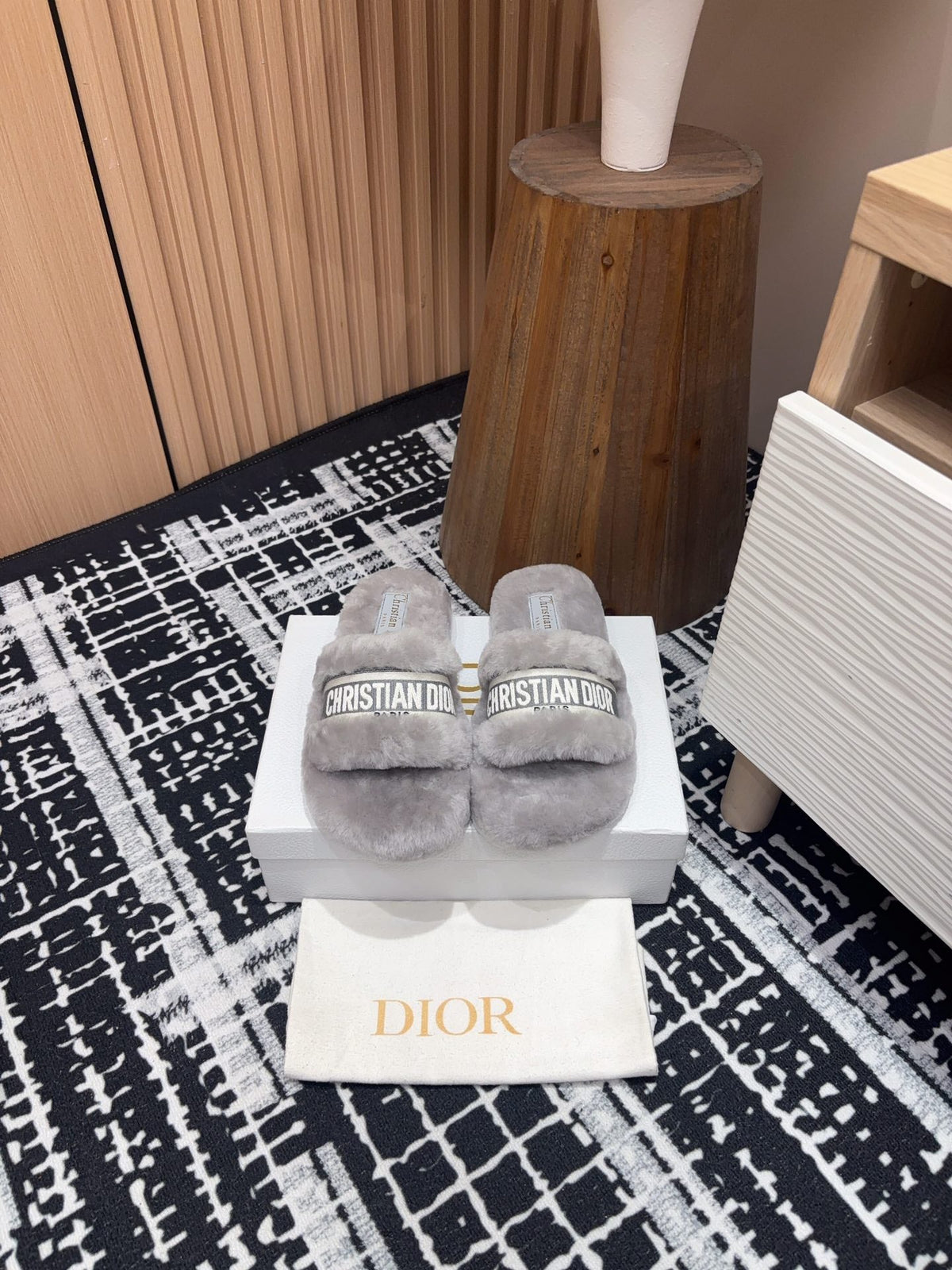 Dior Thick-Sole Slippers in Pale Gray Shearling with Embroidered Logo