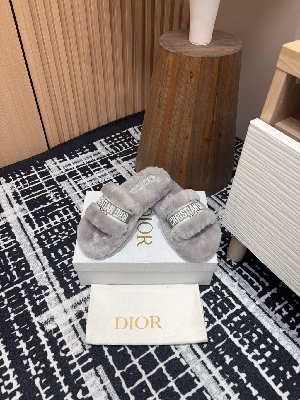 Dior Thick-Sole Slippers in Pale Gray Shearling with Embroidered Logo