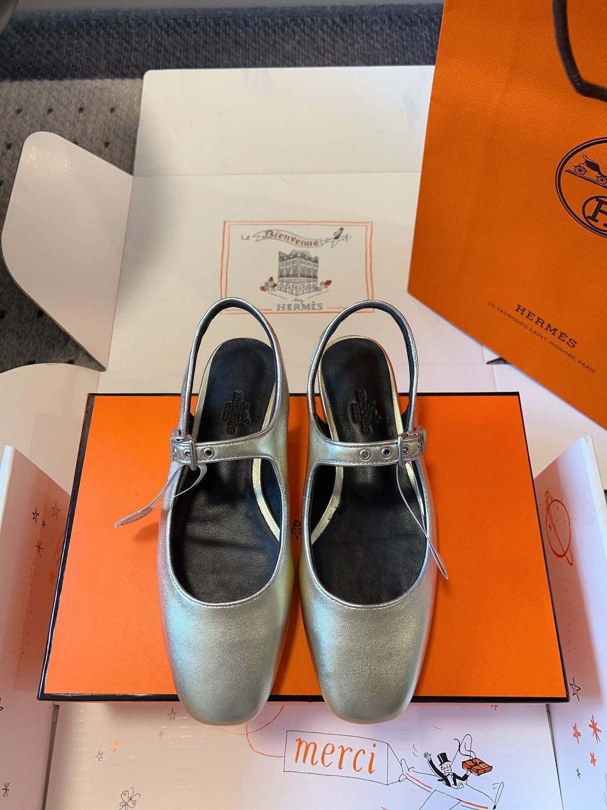 Hermes Kleo Slingback in Silver Calfskin