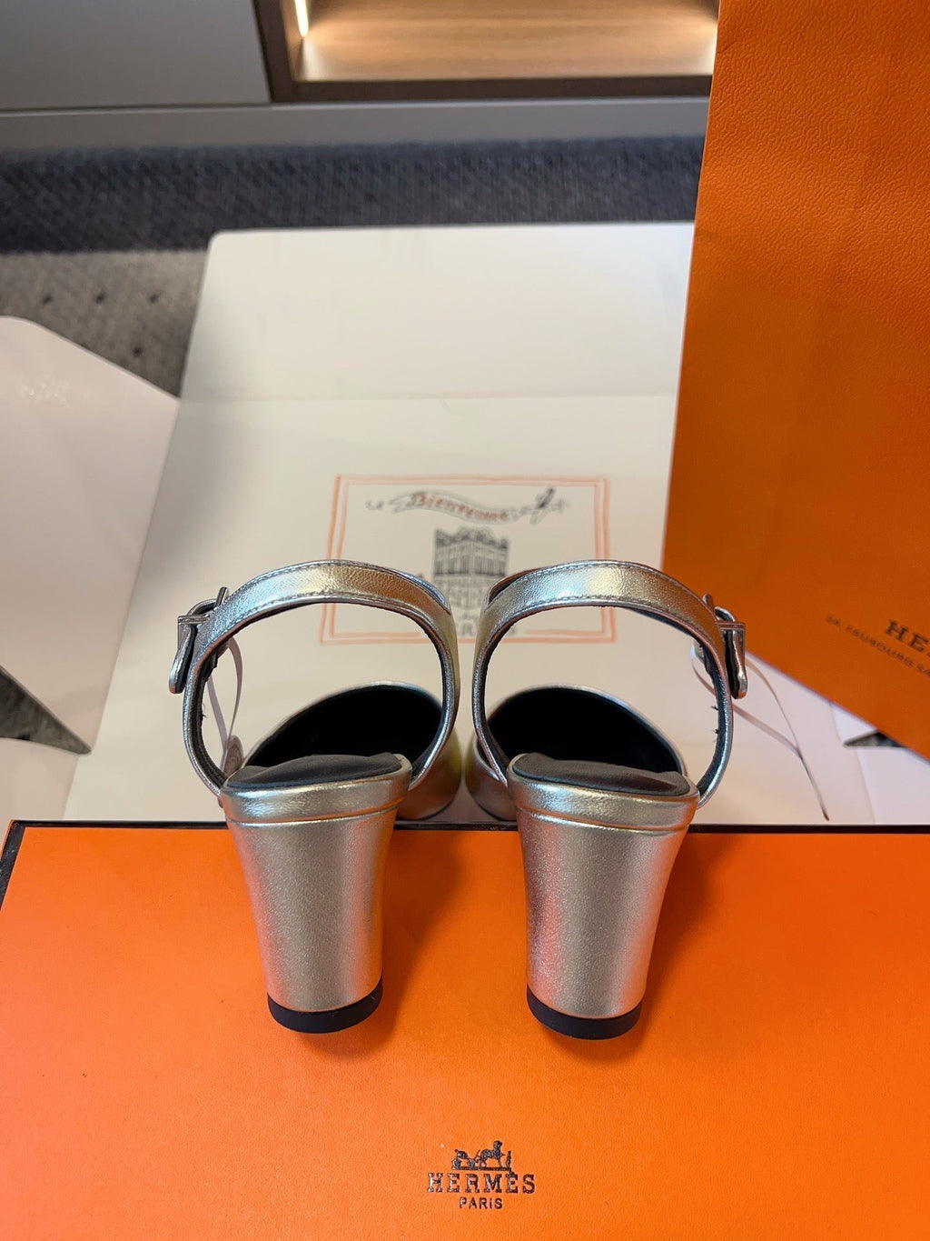 Hermes Kleo High Slingback in Silver Calfskin
