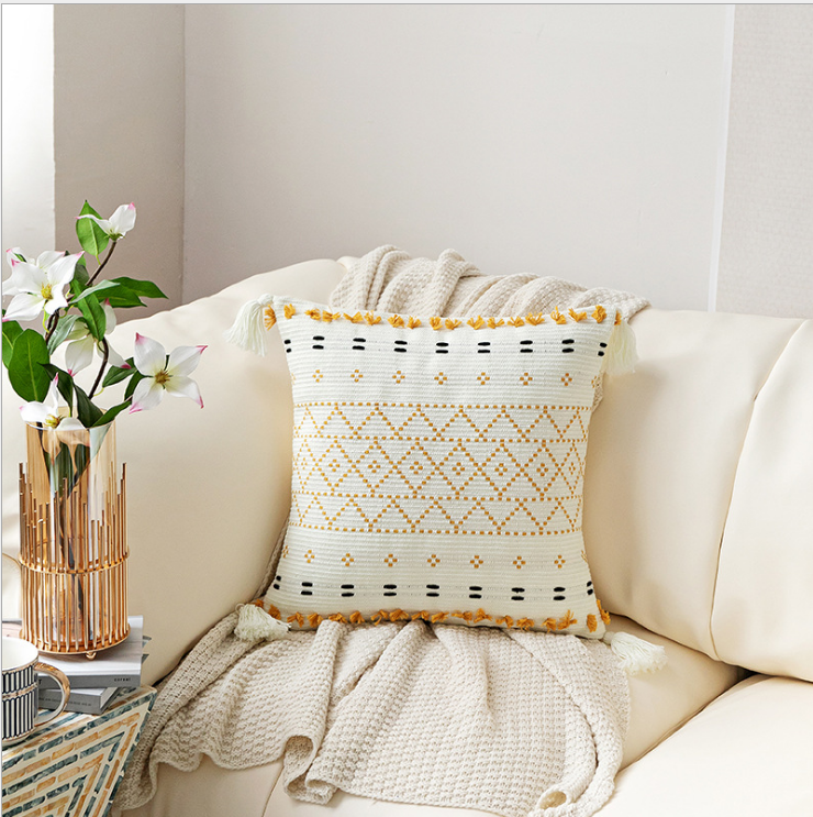Moroccan Style knitted jacquard color cut tassel pillow cover Nordic model room geometric tassel cushion cover